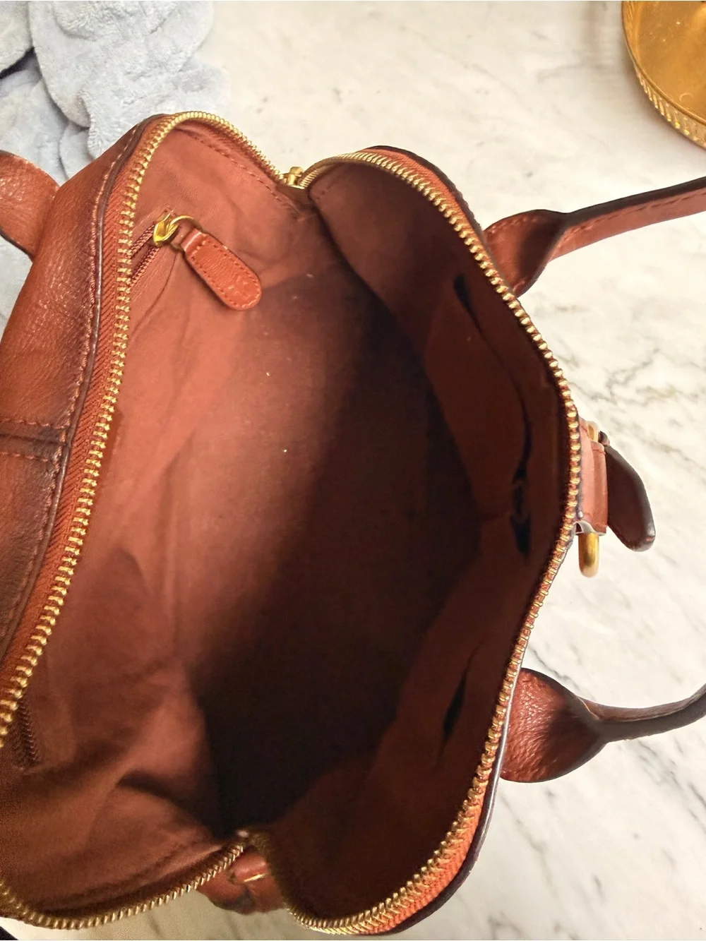 Frye “Ring Dome” Brown Leather Satchel Handbag with Gold Ring Accent